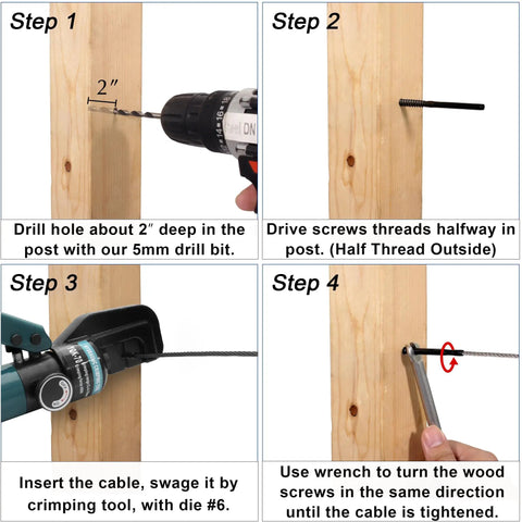 Installation steps for Black T316 Stainless Steel Cable Railing Kit With 20 Swage Lag Screws Left And Right Hand Thread For Wood Posts One Eighth Inch Cable Deck And Stair Railing DIY Baluster Kit Wrench Included.