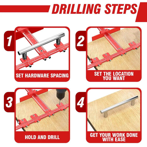 Time Saving Cabinet Hardware Jig Kit With Dual 32 Inch And 16 Inch Sizes Detachable Auto Center Punch Aluminum Cabinet Handle Template Drill Guide Drawer Pull Jig for Easy Knob or Handle Installations showing step-by-step drilling process with red jig on wooden board.