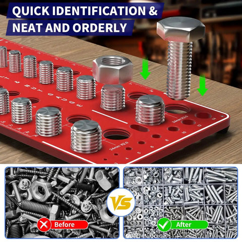 Close-up of a 68 Nut and Bolt Thread Checker Kit with 26 Standard and Metric Bolt Gauges, highlighting quick thread identification.