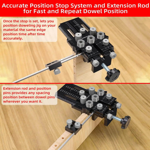 Dowel Jig Kit with Quick Positive Stop and Clamp on wood, showing drill guide and bushings for precise doweling.