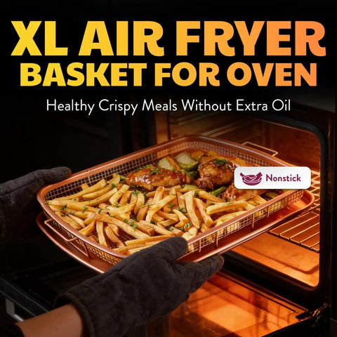 Two Piece Aluminum Baking Sheet With Air Fry Rack And Copper Nonstick Coating for oven use with fries and chicken in oven