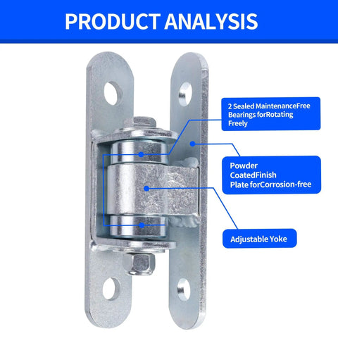Heavy Duty Gate Hinges 2 Pack Bolt On Sealed Bearing Outdoor Gate Hinges Built Tough For Gates Up To 1250 Lbs Per Pair 7.5 Inch Long 6mm Thick High Carbon Steel Adjustable Yoke Pivot Silver Finish with labeled features including 2 sealed bearings, adjustable yoke, and corrosion-resistant finish.