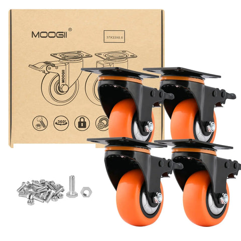 Set of 4 Beefy Heavy Duty 3 Inch Swivel Caster Wheels with brakes, 1500 lb capacity; includes steel core, screws, polyurethane wheels