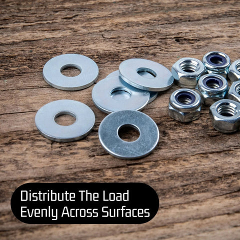 Stainless steel flat washers with nylon lock nuts on wood; 1/4" ID, 5/8" OD, 0.078" thick, 304 stainless.