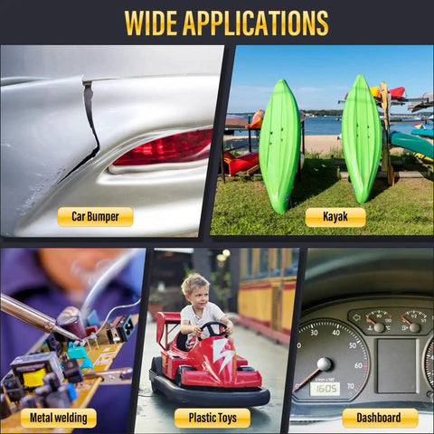 Wide applications of Pro Grade 150W Plastic Welder Kit With 3 Speed Temperature Control on car bumper, kayak, metal, toys, dashboard.