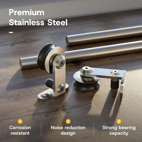 Heavy Duty Stainless Steel Top Mount Sliding Barn Door Hardware Kit for Interior or Exterior Use with Ultra Quiet Rollers