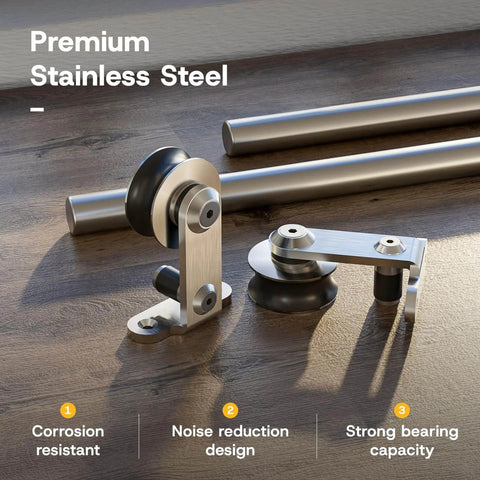 66 Inch Top Mount Sliding Barn Door Hardware Kit in Stainless Steel with ball bearing rollers for quiet operation