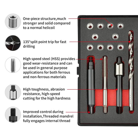 M5 X 0.8 Thread Repair Kit With Stainless Steel Inserts Drill Tap Counterbore And Install Driver 10 Pcs Metric M5X0.8X7.6MM Inserts Restores Damaged Threads In Metal And Plastic Pro Grade Kit displayed with components