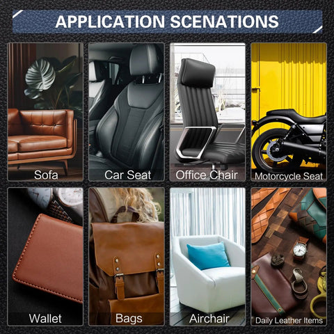 Dark Brown Leather Repair Kit For Furniture And Car Seats Self Adhesive 4x63 Inch Leather Patch For Sofa Couch Vinyl displayed on various items.