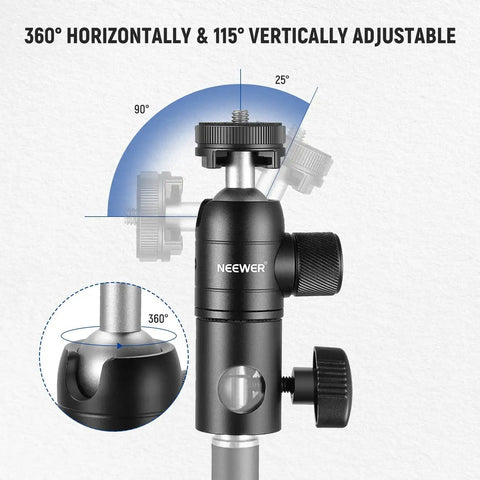 Light Stand Mount Adapter With Cold Shoe And Quarter Inch Screw Mini Ball Head, side view showing 360° adjustability features