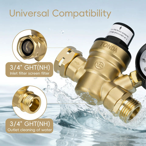 TONDA brass lead-free RV water pressure regulator with gauge; 3/4 GHT(NH) inlet with screen filter and outlet fitting