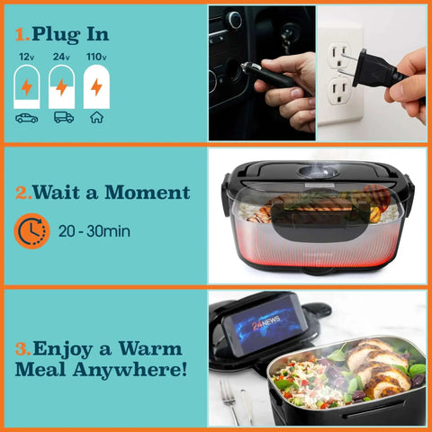 Instructions for using Electric Heated Lunch Box For Adults 100W Portable Food Warmer 1.5L Stainless Steel With 12 24 110V