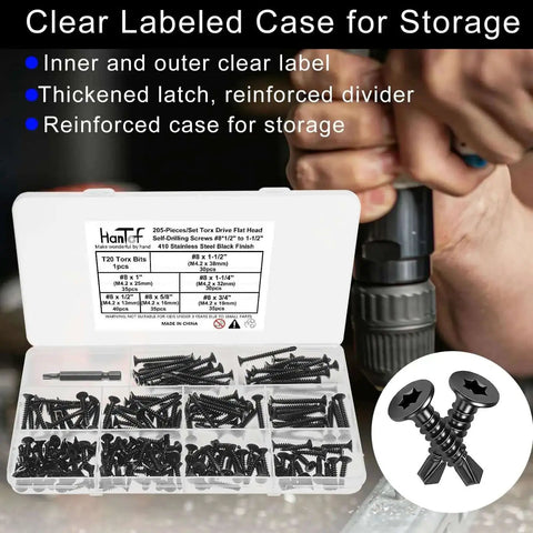 Open case displaying Heavy Duty Torx Drive Self-Tapping Screws for Metal With Flat Head 410 Stainless Steel Black Dacromet Coated TEK Screws with T20 bit