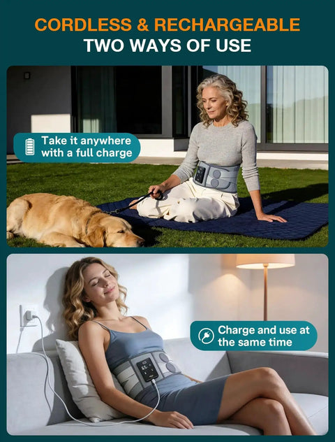 Woman using 67 Inch Cordless Heating Pad For Back Pain Relief With 3 Heat Levels And 5 Vibration Intensities outdoors and indoors