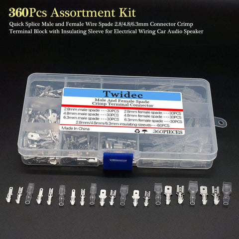 Twidec 360Pcs spade terminal crimp kit with insulating sleeves for automotive wiring and car audio.