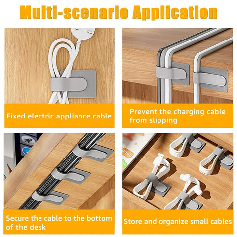 Image showing various uses of 80 Piece Set Hook And Loop Cable Straps For Desk Cable Management Tames Messy Cords With Adhesive Wire Ties.