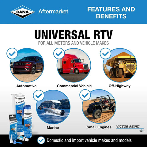 Reinzosil RTV Silicone Sealant 200 Ml Tube For Auto And Industrial Use shown with automotive, commercial, off-highway images