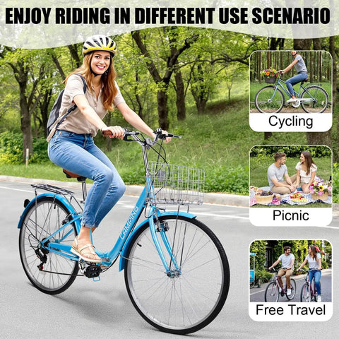 Woman riding Foldable Cruiser Bike 26 Inch 7 Speed for Adults Men and Women, Lightweight Aluminum Frame With Quick Fold in park, blue