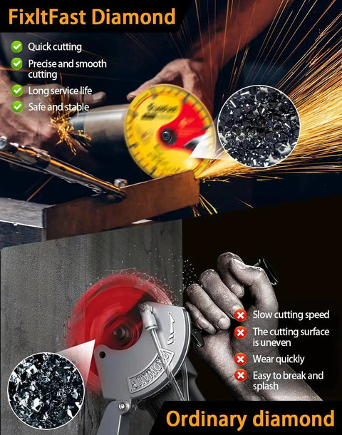 Comparison of Fixltfast Diamond Metal Cutting Wheel with ordinary diamond cutting wheel in use on metal.