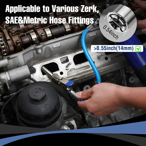 Grease Gun Coupler Set With Quick Release And 12-Inch Hose 10,000 PSI Locking Zerk Connection Needle Tip 1 Eighth NPT in use
