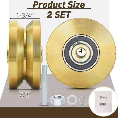 Solid 4 Inch V Groove Gate Wheel Set Heavy Duty Sliding Gate Rollers One And Three Quarters Inches Width Caster Wheels With 2500 Lbs Capacity Screw Mount Double Bearing Pair Two Sets side and front view, showing dimensions and parts included.