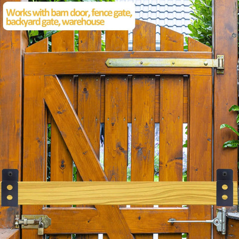 Two Pack 2x4 Door Barricade Brackets securing a wooden gate with heavy-duty carbon steel brackets and 2x4 bar, rust-resistant finish