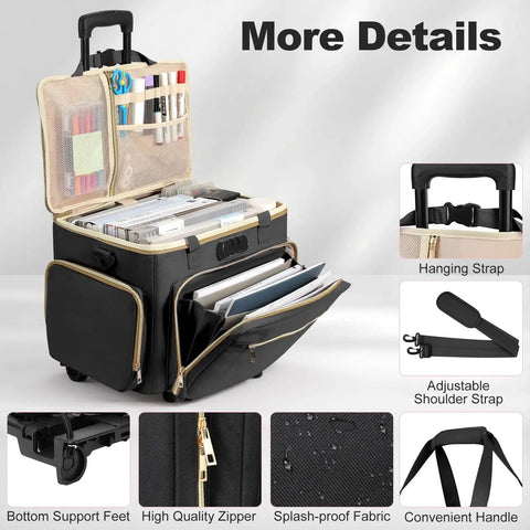 Rolling Teacher Bag With Wheels And Detachable Trolley Fits 17 Inch Laptop open to show compartments and pockets for accessories.