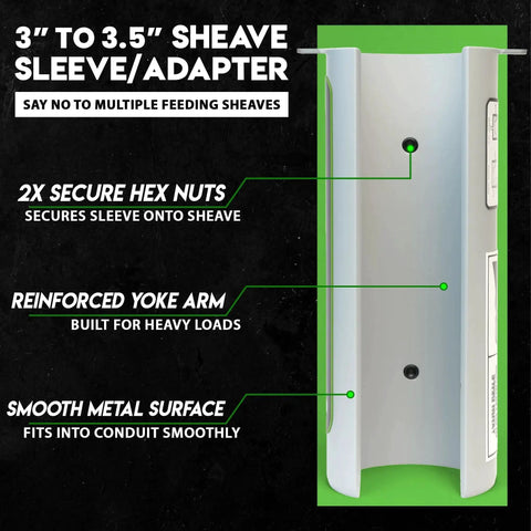3 to 3.5 inch sheave sleeve/adapter in metal with reinforced yoke arm.