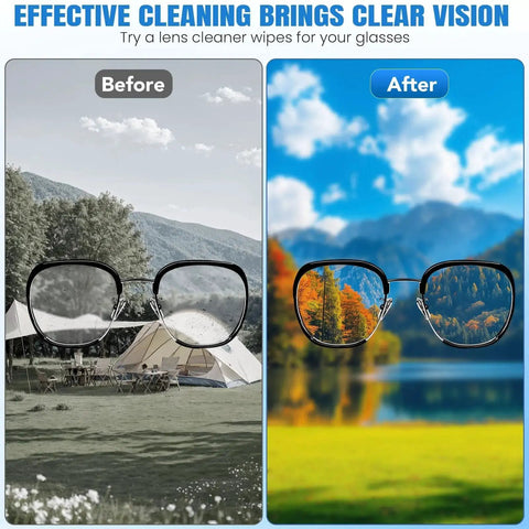Pre Moistened Lens Wipes For Eyeglasses Goggles Non Scratching 250 Pack before and after cleaning lens view