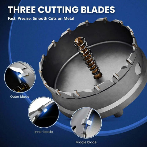 Close-up of 16 Piece Heavy Duty Carbide Hole Saw Kit With Titanium Plated TCT Bits showing cutting blades for metal and wood.