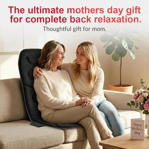 Mother and daughter using Vibration Back Massager Seat Cushion With Heat 10 Motor Chair Pad for relaxing back massage at home