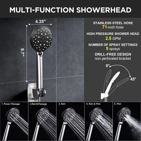 Close-up of multifunction showerhead with 71-inch stainless steel hose and adjustable settings for varied water flow.