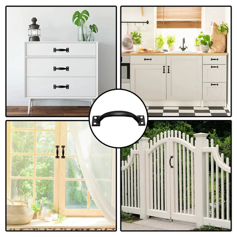12 Pack 98mm Black Metal Gate Handles Set For Doors And Cabinets, Rustic Barn Style Pull Handles With Mounting Screws Included, shown on drawers, kitchen cabinets, windows, and a gate.