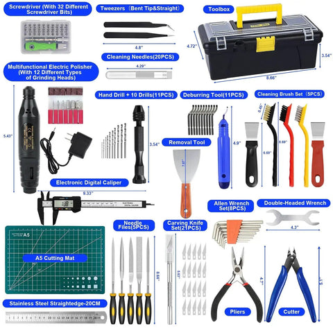 135 Piece 3D Printer Tools And Accessories Kit With Tool Box Includes Nozzle Cleaning Kit Electric Polishing Deburring Sanding Pens Tweezers Pliers Electric Screwdriver Ruler And More For Makers And 3D Printing Enthusiasts visible with various tools displayed such as pliers, tweezers, and electronic caliper.