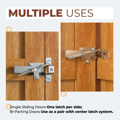 Zinc Plated Barn Door Jamb Latch With Hook For Bi Parting Doors 7 Inch, shown installed on wooden sliding and bi-parting doors