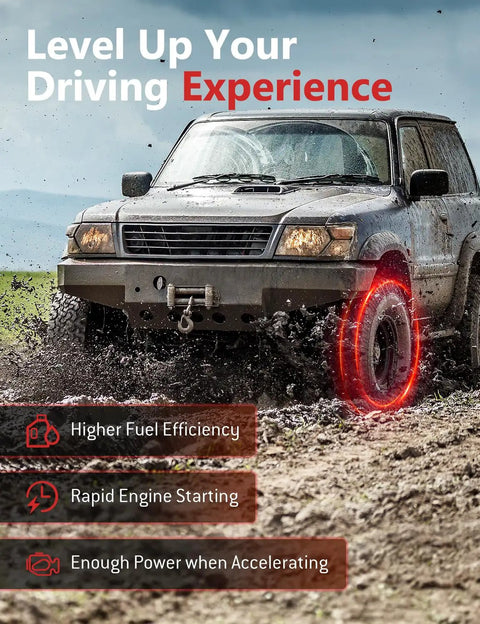 SUV driving through mud, highlighting improved fuel efficiency, rapid engine starting, and power benefits.