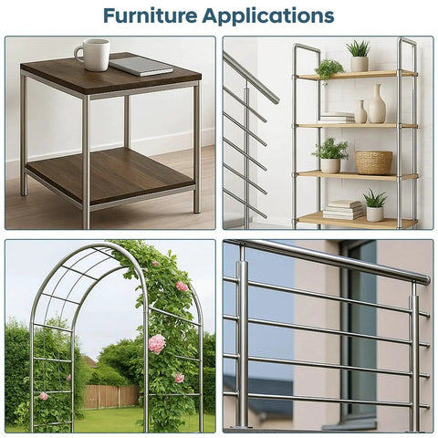 Furniture and garden structures using 304 stainless steel tubing for industrial and DIY applications.