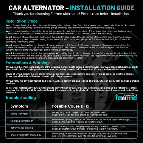 Installation guide for alternator in vehicle with steps, precautions, and troubleshooting tips shown in a table format.