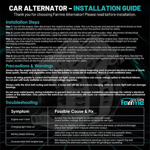 Installation guide for car alternator, with steps, precautions, and troubleshooting for Farrme alternators.