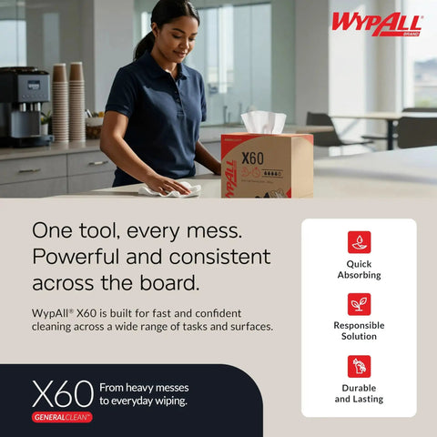 Person using GeneralClean X60 Multi-Task Cleaning Cloths Pop-Up Box, 118 sheets per box, in a kitchen setting for fast cleanup.