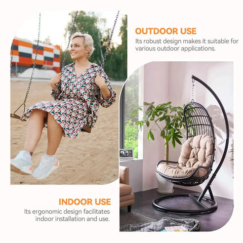 Woman on outdoor swing and indoor hanging chair showcasing indoor and outdoor furniture usage.