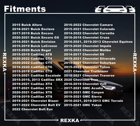 Fitment list for 20 Piece Fender Liner Splash Shield Bolt Set For GM Cars Including Chevrolet Camaro Colorado Cruze Equinox Malibu Traverse Impala Cadillac ATS CT6 CTS XT5 XTS Rexka Pro Grade Rocker Molding Wheelhouse Bumper Cover Bolts And Lower Bolt Hardware.