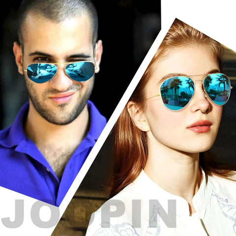 Blue Mirrored Polarized Sunglasses For Men And Women With UV Protection Dope Lightweight Double Bridge Sunnies Retro Sunglasses Anti Glare For Clear Vision And All Day Comfort Premium Everyday Wear For Beach Travel And Driving worn by a man and a woman