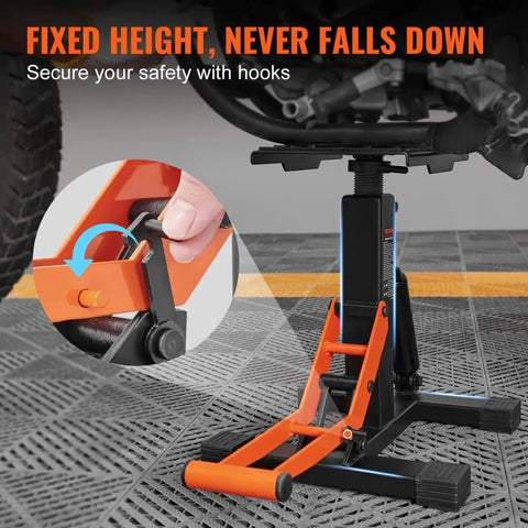 Heavy Duty Dirt Bike Lift Stand With 440 Lb Capacity And Hydraulic Lift, adjustable height, securing hook detail