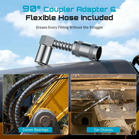 Heavy Duty 8000 PSI Pistol Grip Grease Gun Kit With 14 Ounces Capacity Quick Release Coupler 90 Degree Adapter Flexible Hose And Rigid Pipe For Automotive Agricultural Industrial Marine Applications Seesii showing 90-degree adapter with flexible hose in use on machinery