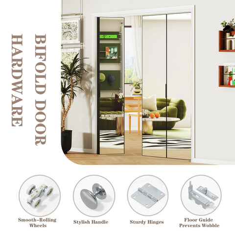 Black Aluminum Bifold Mirror Door For 60x80 Opening, Preassembled With Hardware Kit, Indoor Bi Fold Barn Door For Bedroom And Closet, Explosion Proof Mirror, Durable Aluminum Frame.