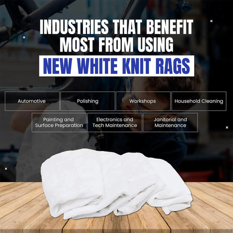 Industries benefiting from white knit rags; white cotton cleaning rags displayed for multipurpose use in various sectors.