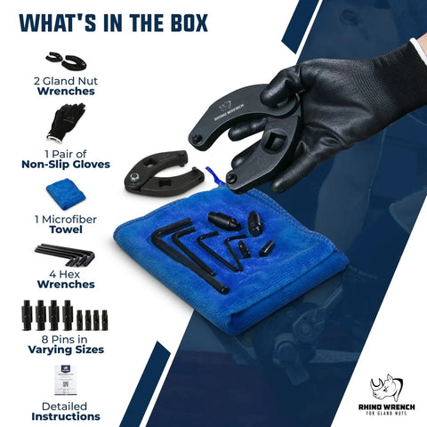 Components of Gland Nut Wrench Set Of Two Adjustable Hydraulic Cylinder Spanners With Gloves, Microfiber Towel, Pins, Allen Wrenches