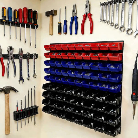 Wall Mounted Garage Storage Bin Kit 94 Piece Organization System With 32 Large Black Bins 30 Small Blue Bins 20 Small Red Bins
