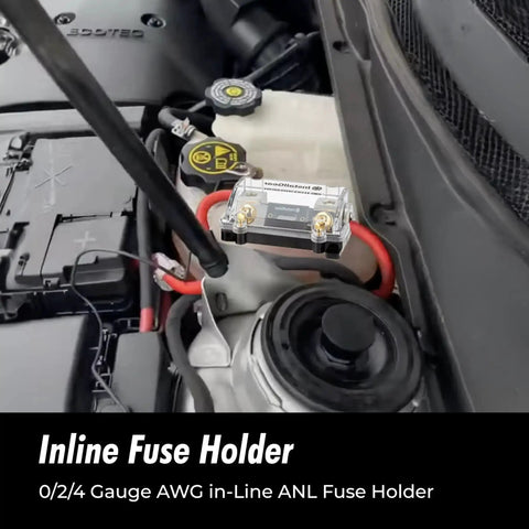0, 2, 4 Gauge AWG Inline ANL Fuse Holder With 250 Amp Fuse for automotive use installed under car hood